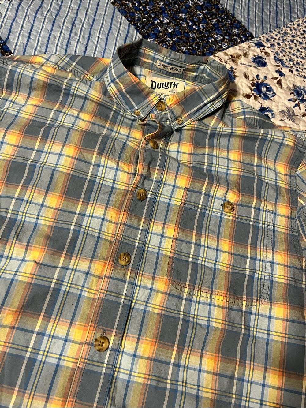 Duluth Trading Co Plaid Button-Down Shirt in Blue and Yellow